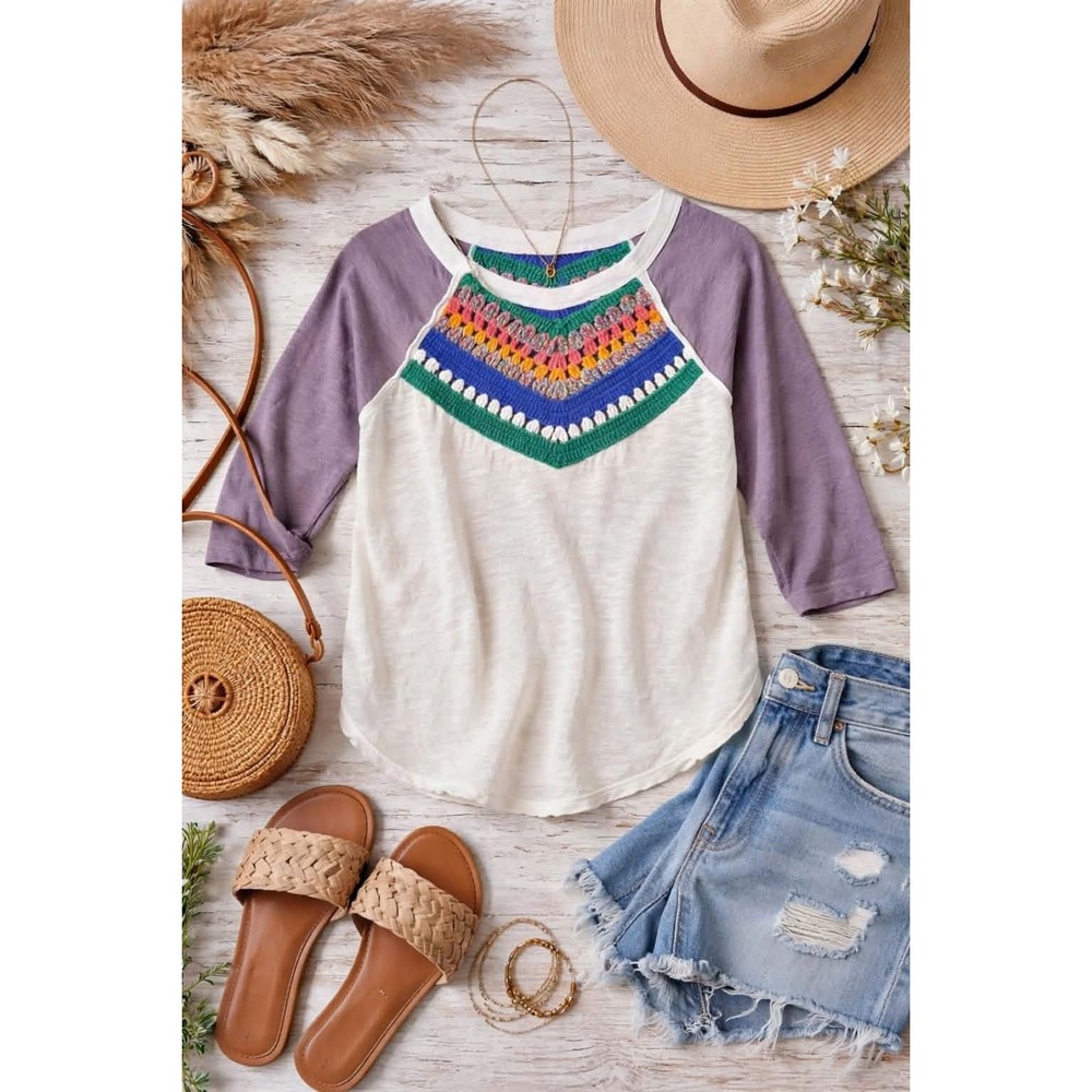 Free‎ People We The Free Crochet Yoke Top XS Boho Gauze Raglan Multicolor